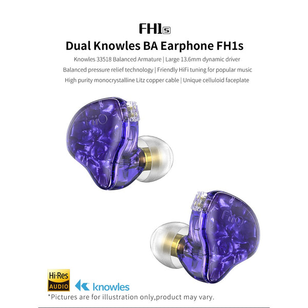 FIIO FH1S, Hybrid Driver In-Ear Monitors: with 1BA Knowles +1Dynamic Earphones IEM (FH 1S, FH1 S)