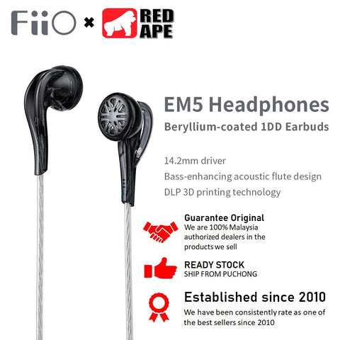 FiiO EM5, Flagship Flat In-Ear Monitors: Single Beryllium Dynamic Drivers Earphones IEM (EM 5)