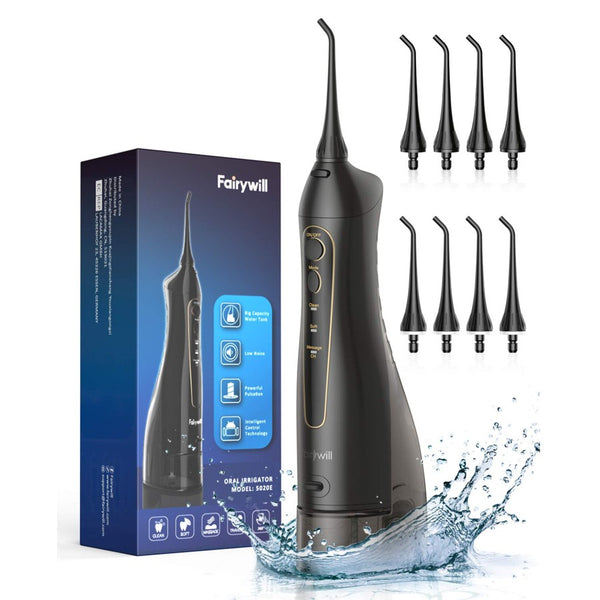 Fairywill 5020E Water Flosser: Cordless Dental Oral Irrigator with 300ml Water Tank 3 Modes, 8 Jet Tips (5020 E)