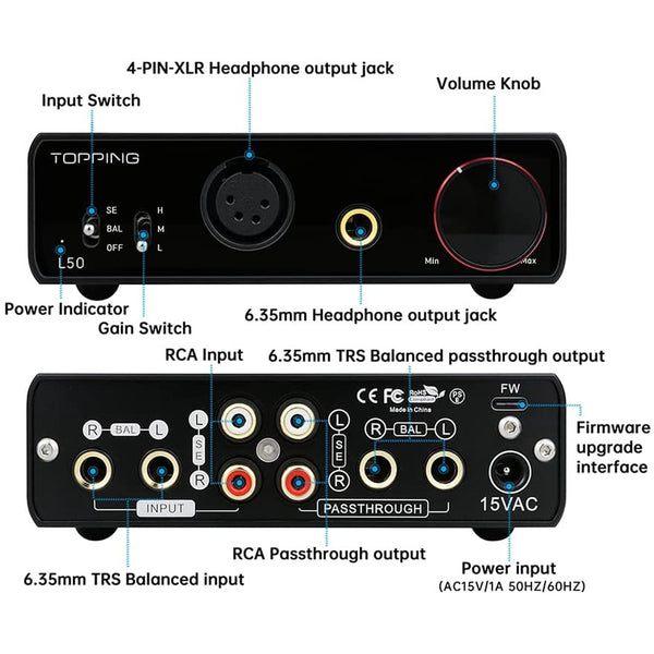 Topping L50, NFCA Headphone Amplifier: with SE/BAL Inputs, 6.35mm & 4-Pin XLR Outputs Hi-Fi Desktop AMP (L 50)