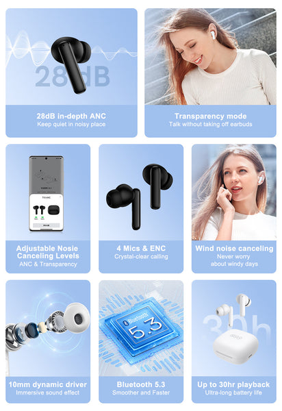 QCY T13 ANC, True Wireless Earbuds: Bluetooth 5.328dB in-depth ANC and Transparency Mode TWS