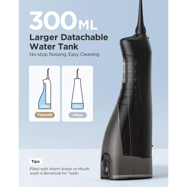 Fairywill 5020E Water Flosser: Cordless Dental Oral Irrigator with 300ml Water Tank 3 Modes, 8 Jet Tips (5020 E)