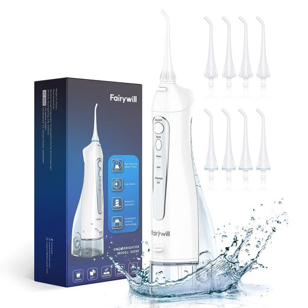 Fairywill 5020E Water Flosser: Cordless Dental Oral Irrigator with 300ml Water Tank 3 Modes, 8 Jet Tips (5020 E)