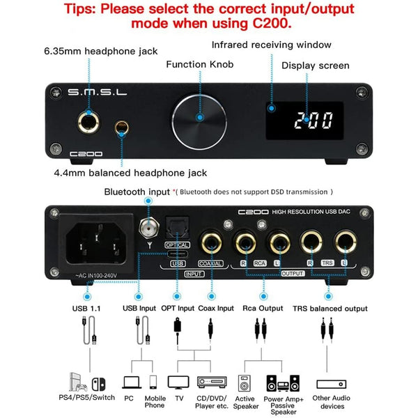 SMSL C200 Desktop DAC Headphone Amplifier: XMOS ES9038Q2M 4xOPA1612 USB/Opt/Coax/BT Input DAC/AMP (C 200)