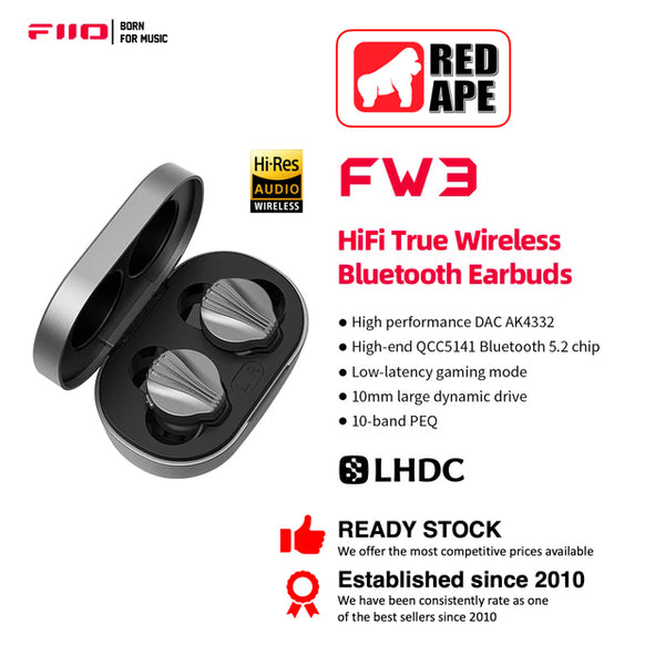 FiiO FW3, HiFi True Wireless Earbuds: 10mm Drivers with Bluetooth 5.2 Wireless Earphones TWS (FW 3)