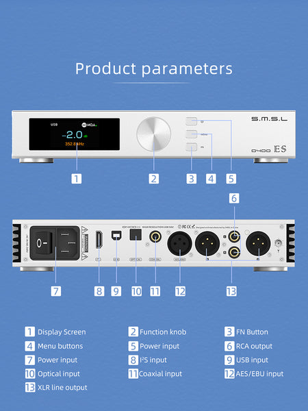 SMSL D400EX, Digital-to-Analog Converter: Bluetooth 5.0 1pcs AK4191+2pcs AK4499EX Flagship Decoder DAC (D400 EX)