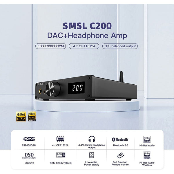 SMSL C200 Desktop DAC Headphone Amplifier: XMOS ES9038Q2M 4xOPA1612 USB/Opt/Coax/BT Input DAC/AMP (C 200)