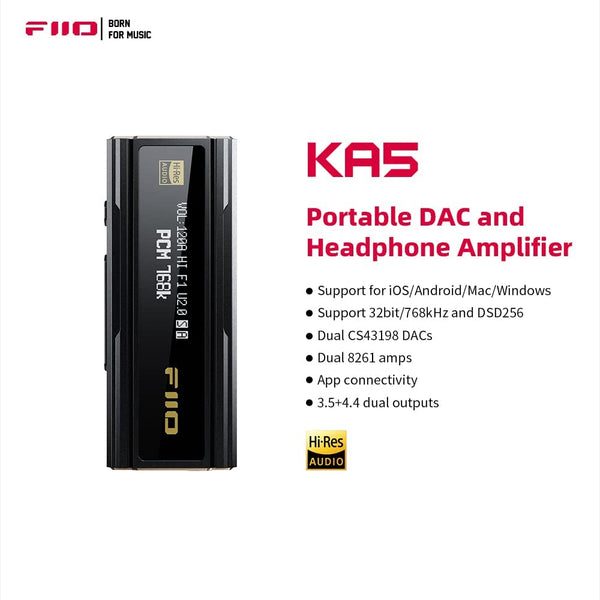 FiiO KA5, Portable Dongle DAC and Amplifier: with 3.5, 4.4 and Optical Outputs DAC/AMP (KA 5)