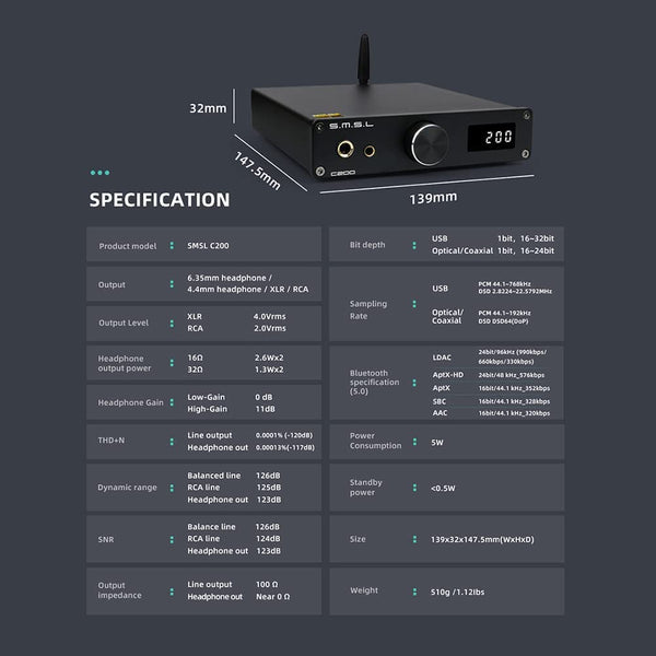 SMSL C200 Desktop DAC Headphone Amplifier: XMOS ES9038Q2M 4xOPA1612 USB/Opt/Coax/BT Input DAC/AMP (C 200)