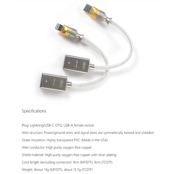 ddHifi TC07F or MFi07F, OTG Adapter Cable: 2.0 with Female USB A Decoding Cable (TC 07F, MFi 07F)