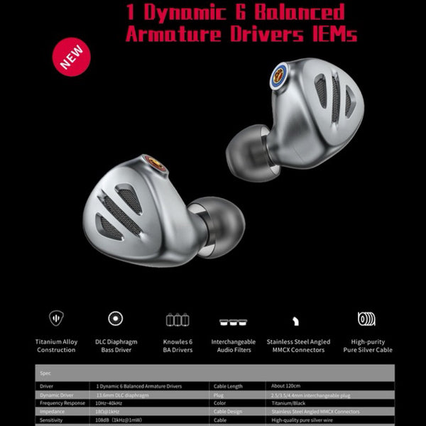 FiiO FH9, Hybrid Driver In-Ear Monitors: MMCX Connectors, High-Purity Monocrystalline Silver Cable Earphone IEM (FH 9)