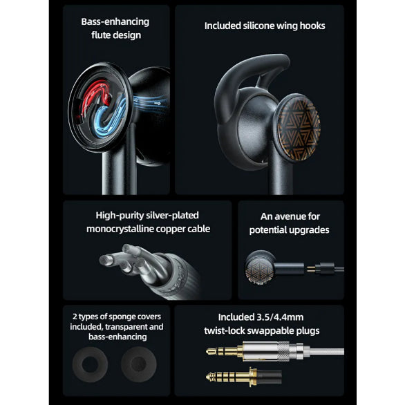 FiiO FF3S, Detachable Flat Buds Earbuds: “Drum” Type Dual-Cavity Wired Earphones (FF3S)