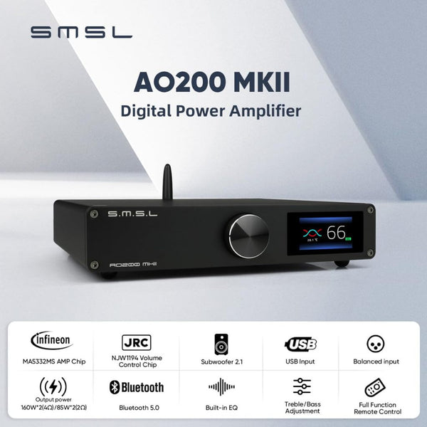 SMSL AO200 MKII, Power Amplifier: MA5332MS Chip 160W x 160W USB/RCA/XLR Input Desktop Digital AMP (AO 200)