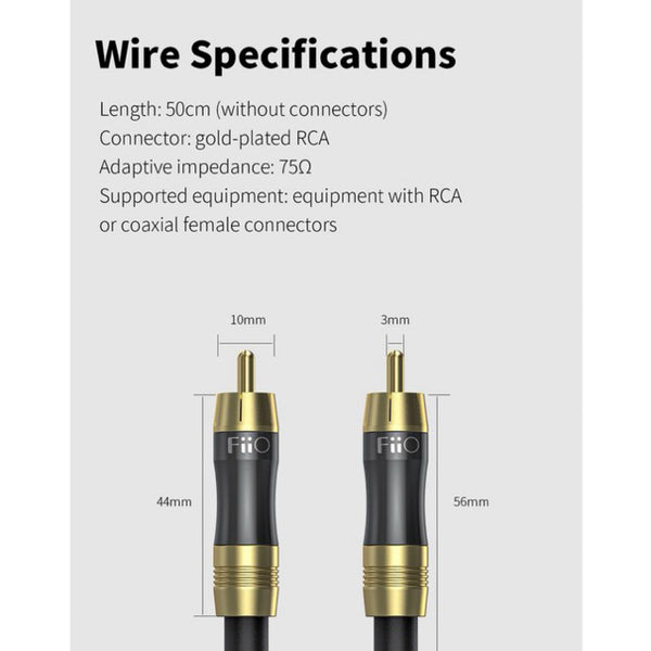 FiiO LR-RCA1, RCA Audio Cable (50CM): High Purity Copper Core Analog Audio Cable (LRRCA1)