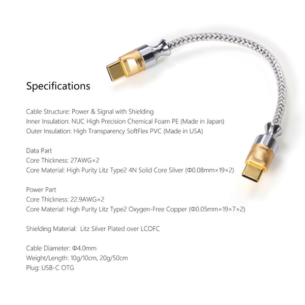 ddHifi TC07S, Type C to Type C OTG Data Cable: Nyx Silver Shielded USB Cable