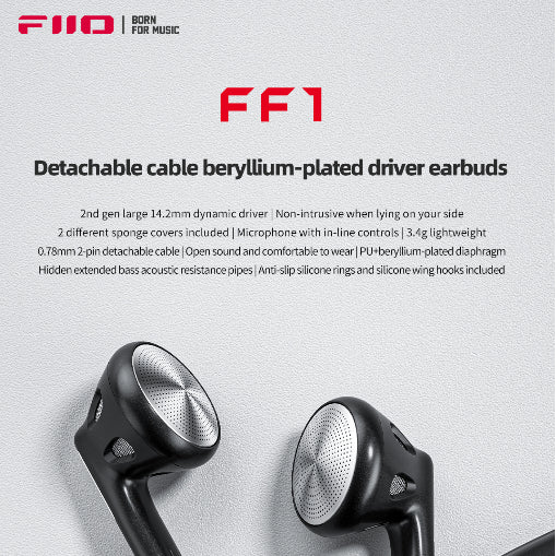 FiiO FF1, Dynamic Driver Wired Flathead Earbuds: with Microphone: Detachable Beryllium-Plated Driver Earphones (FF 1)