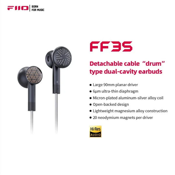 FiiO FF3S, Detachable Flat Buds Earbuds: “Drum” Type Dual-Cavity Wired Earphones (FF3S)