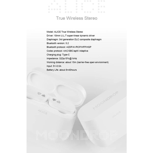 Moondrop Alice TWS Earphone True Wireless Stereo 10mm U.L.T Dynamic Driver Earbud Bluetooth 5.2 A2DP/AVRCP/HFP/HSP