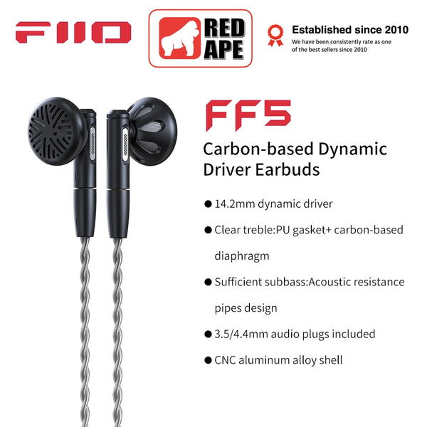 FiiO FF5, Dynamic Driver Wired Flathead Earbuds: with detachable 3.5mm/4.4mm MMCX Cable Carbon-based Earphones (FF 5)