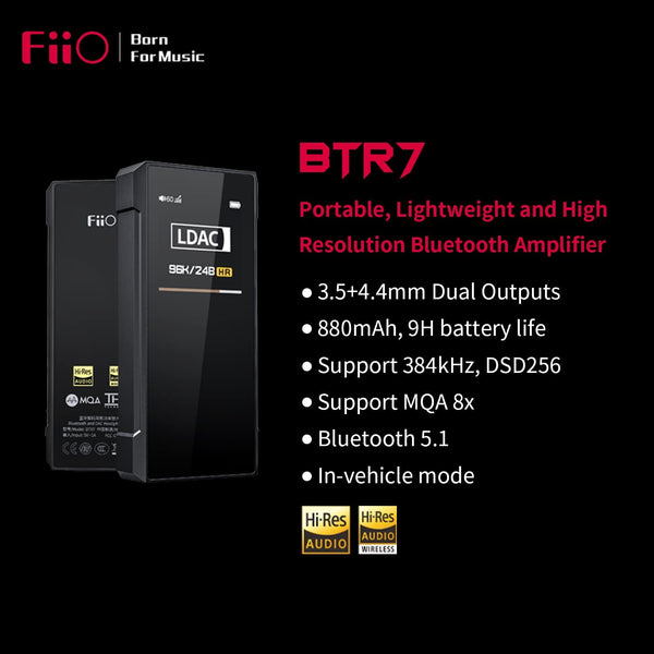 FiiO BTR7 Headphone Amp Bluetooth Receiver High Resolution Portable DAC Supports MQA/LDAC/aptX HD 384K/32Bit DSD256 for Phone/PC/Car/Home Audio