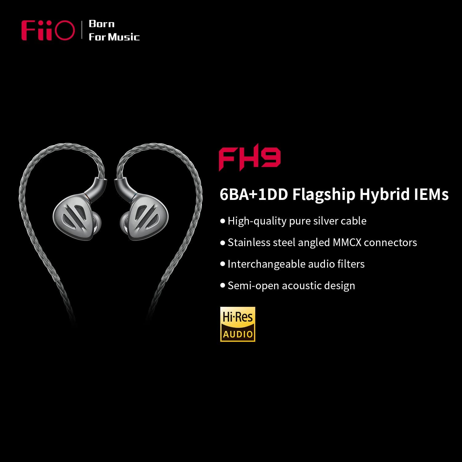 iiO FH9 Headphones Earphone Wired High Resolution Over-The-Ear 1DD+6BA Detachable Cable Deep Bass Comes with 2.5/3.5/4.4mm Swappable Plugs for Smartphone/PC/Players/Home Audio