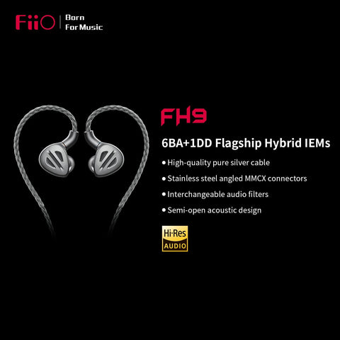 FiiO FH9 Headphones Earphone Wired High Resolution Over-The-Ear 1DD+6BA Detachable Cable Deep Bass Comes with 2.5/3.5/4.4mm Swappable Plugs for Smartphone/PC/Players/Home Audio